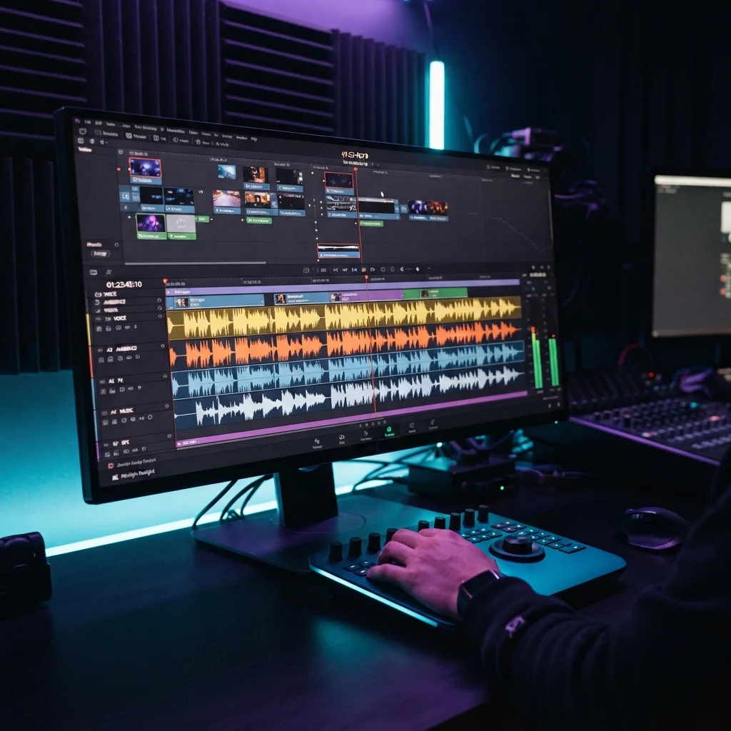 Cinematic video editing timeline interface with dynamic audio