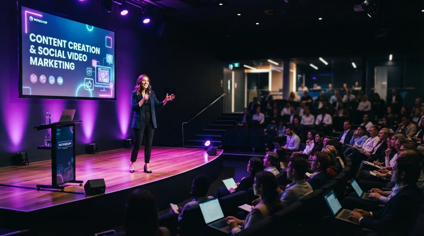 Modern corporate auditorium workshop with young female presenter